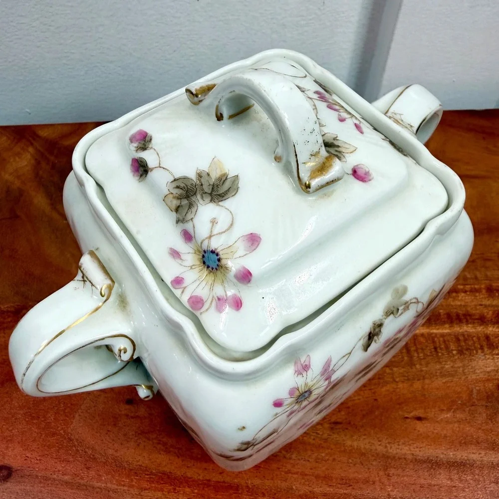 Antique CFH GDM Limoges France Covered Sugar‎ Bowl Lidded Jar Floral Gold 1880s